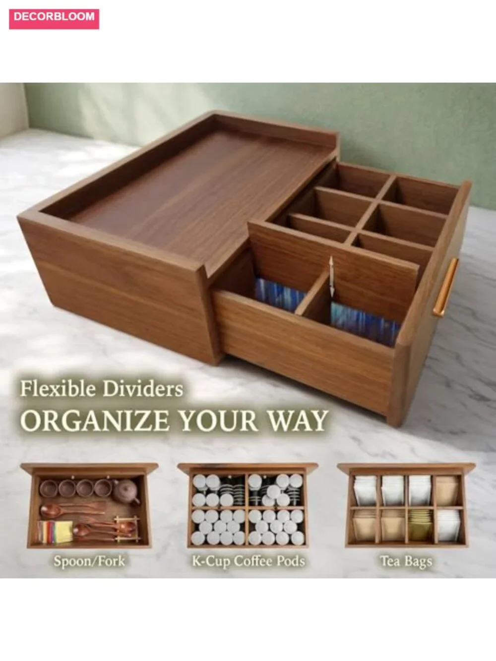 Acacia Wood Tea Bag Organizer with Drawer, 8 Removable Compartments, Holds 80+